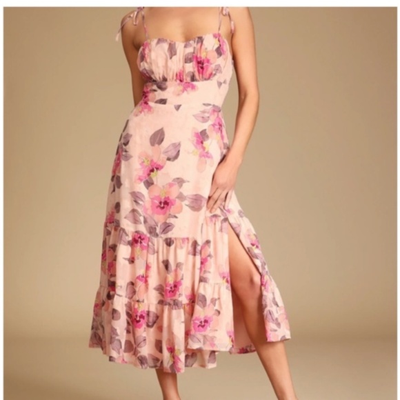 Lulus Tea Party Chic Pink Floral Tiered Midi Dress - Picture 2 of 7
